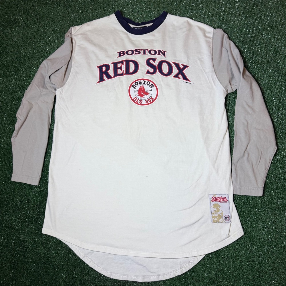 Vintage Boston Red Sox Stitches Long Sleeve Ringer Shirt Mens Large Cream Grey